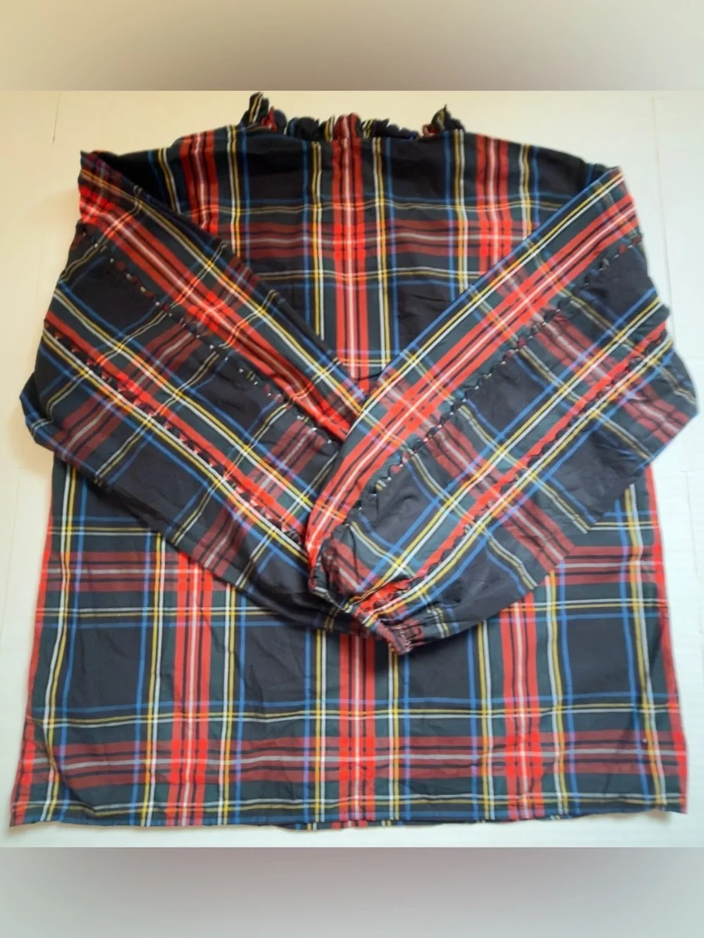 J. Crew Red and Black Plaid Ruffle-Neck Blouse